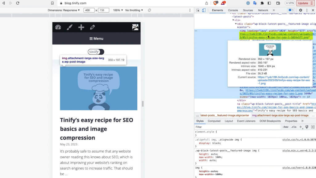 Screenshot - Validate Tinify CDN by looking at the source code of one of your images