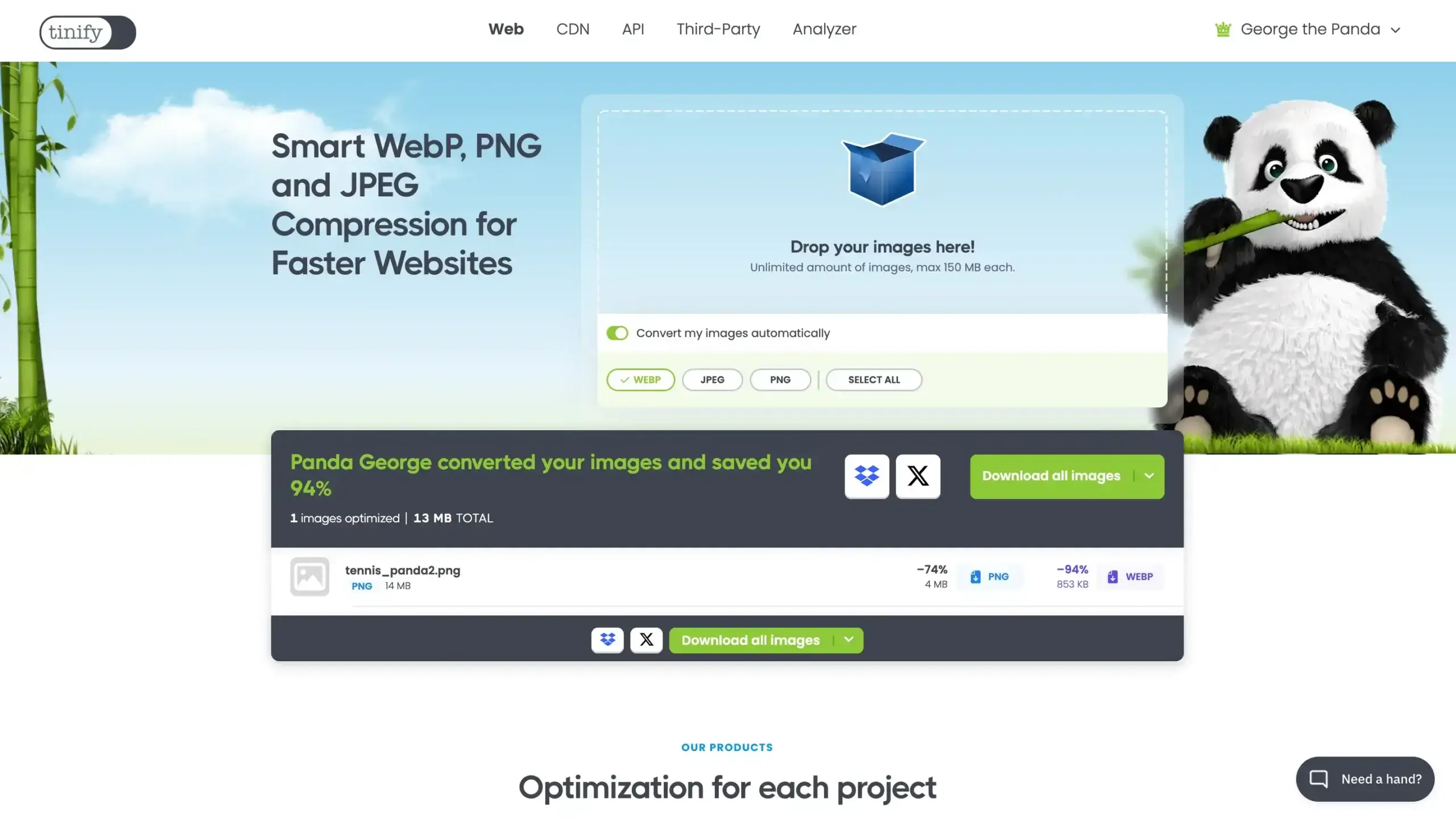 Tinify's image converter: example of PNG to WebP on the homepage