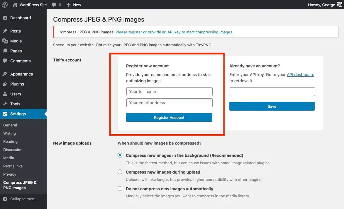 Tinify wordpress plugin register new account