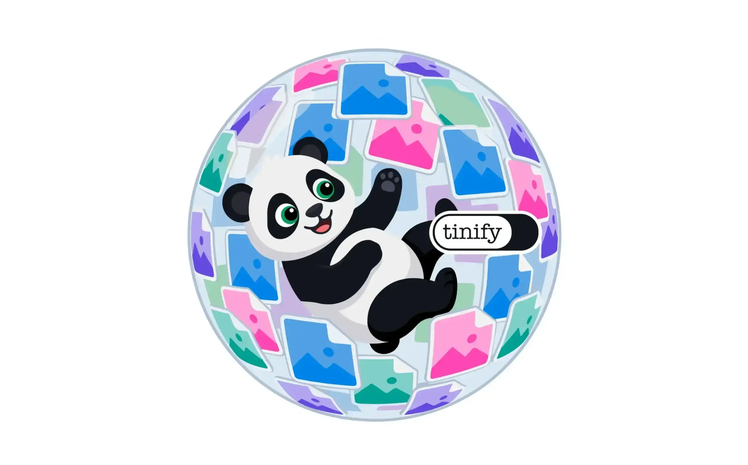George the Panda surrounded by compressed images illustrating image optimization and file size reduction.
