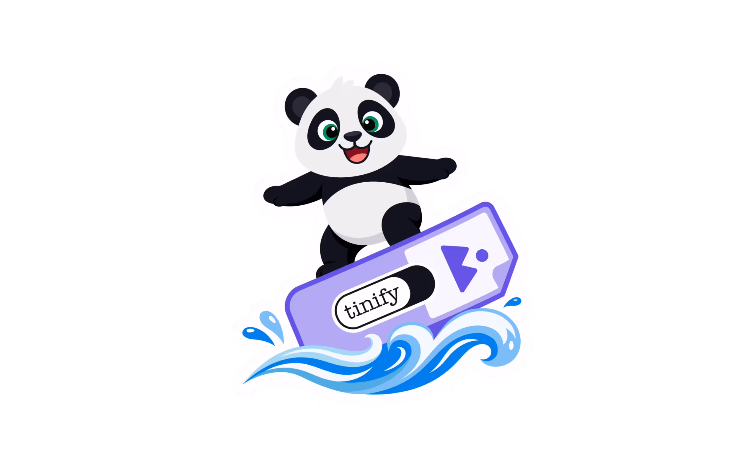 George the Panda surfing a wave on a purple Tinify surfboard, illustrating a guide to WebP images.