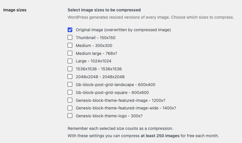 Tinify WordPress plugin image sizes settings.