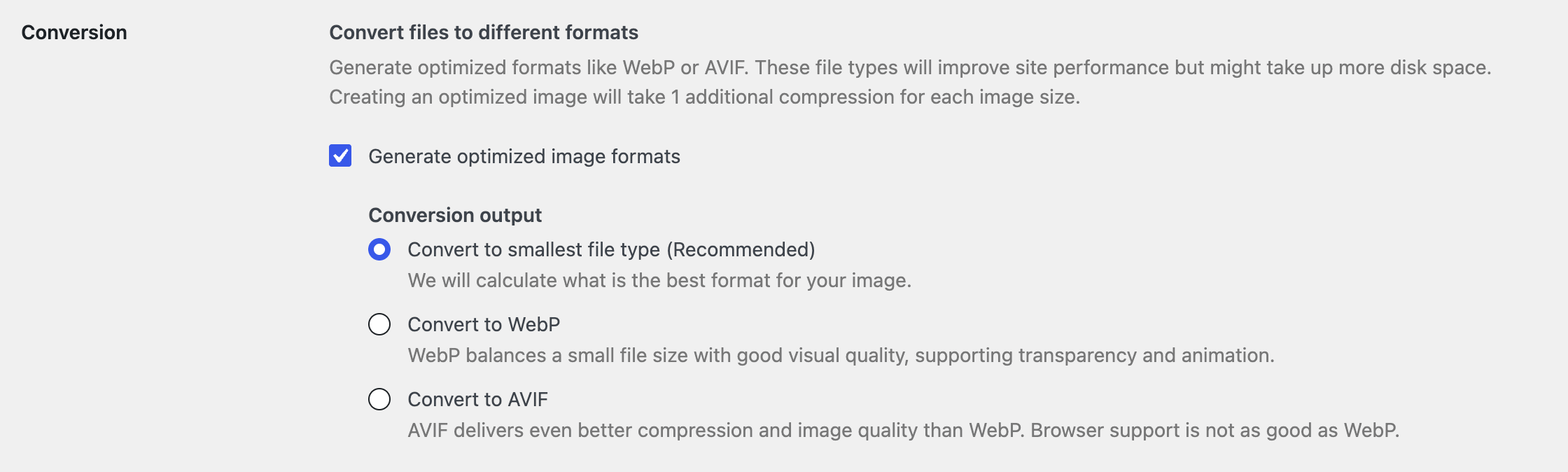 Tinify WordPress plugin Conversion settings.