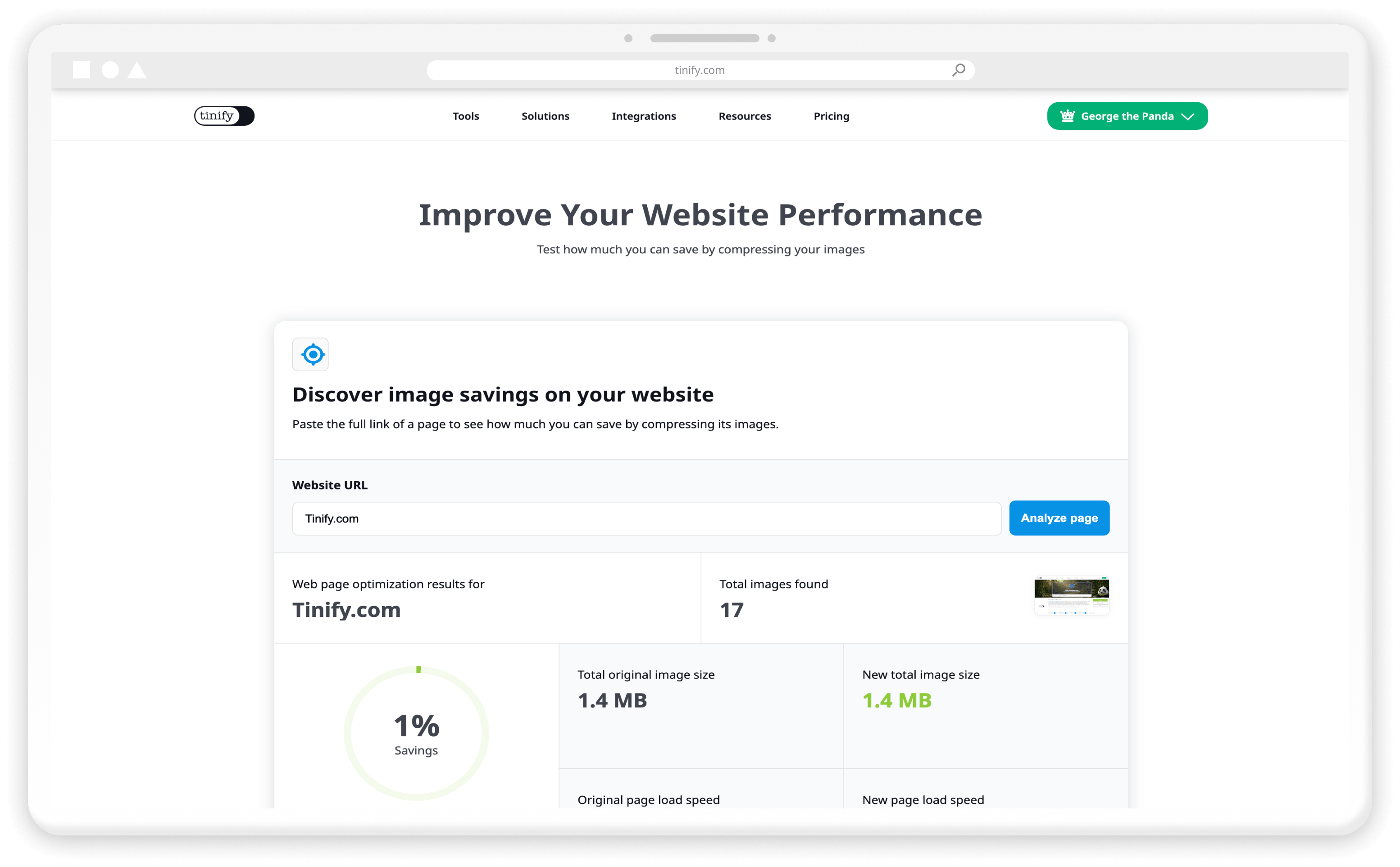 Tinify's Page Analyzer shows how much page speed your site can optimize by compressing your images.